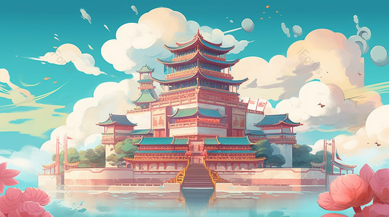 明亮清新色彩古风建筑插画,插画/手绘图,插画/手绘图库,插画/手绘图下载,插画/手绘
